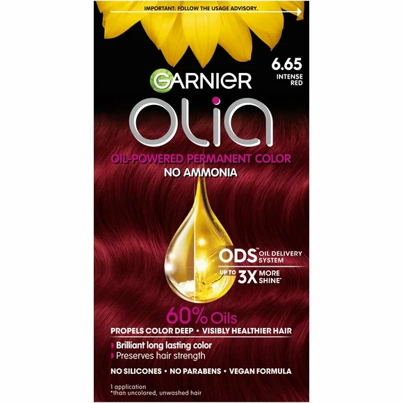 Garnier Olia Long Lasting Permanent Hair Color Kit with 60% Oils, 6.65 Intense Red