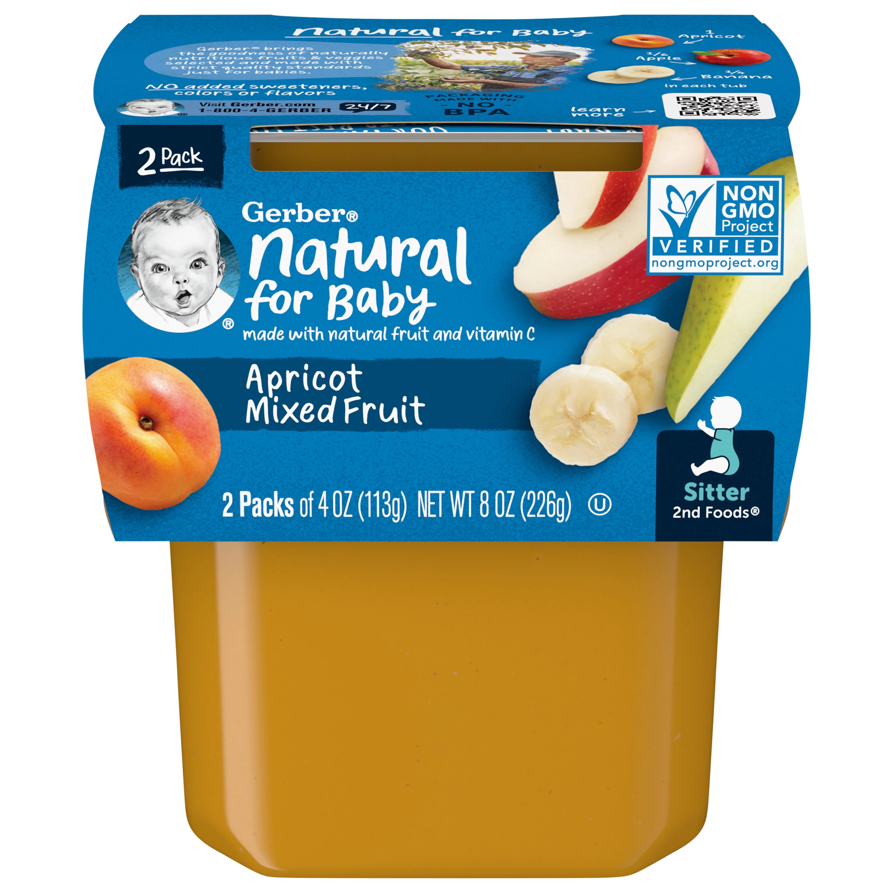 Gerber 2nd Foods Natural for Baby Baby Food, Apricot Mixed Fruit, 4 oz Tubs (16 Pack)