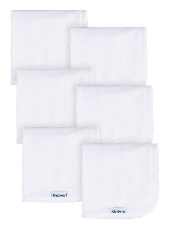 Gerber Baby Boy or Girl Unisex White Washcloths, 6-Pack, One Size