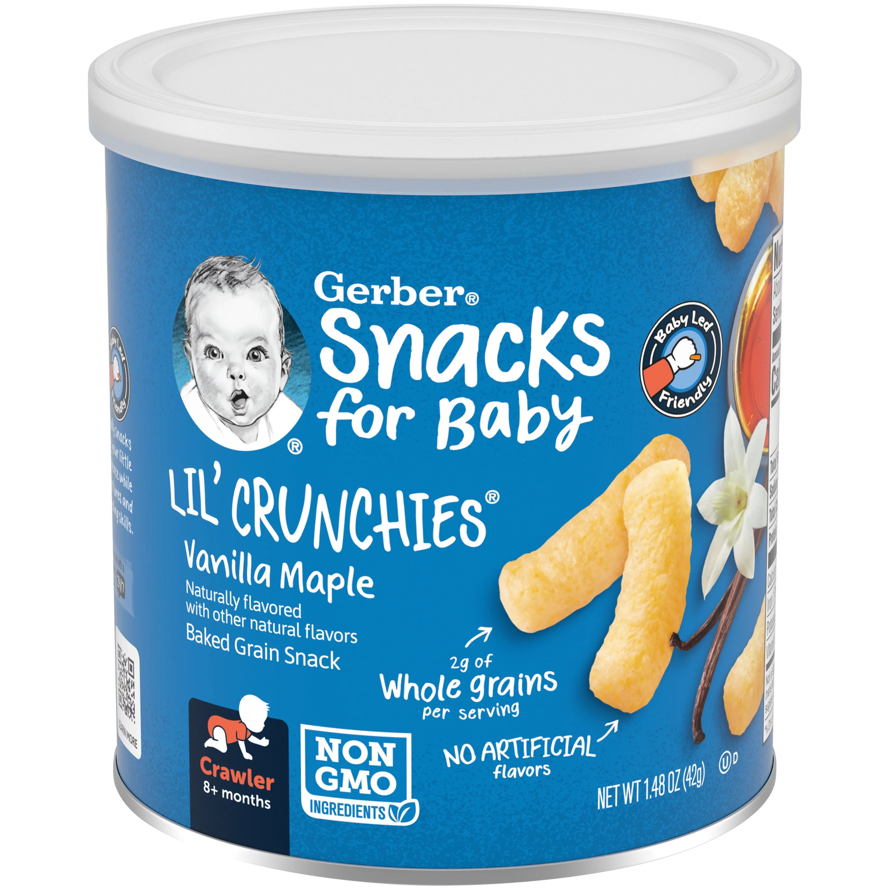 Gerber Snacks for Baby Lil Crunchies Baked Grain Vanilla Maple, 1.48 oz Canister (6 Pack)