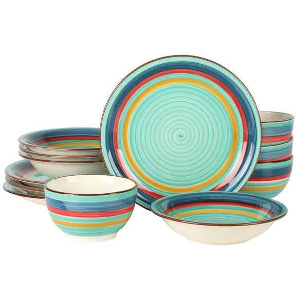 Gibson Home Rainbow Party 12 Piece Hand-Painted Multi-Color Stoneware Dinnerware Dish Set  - Green