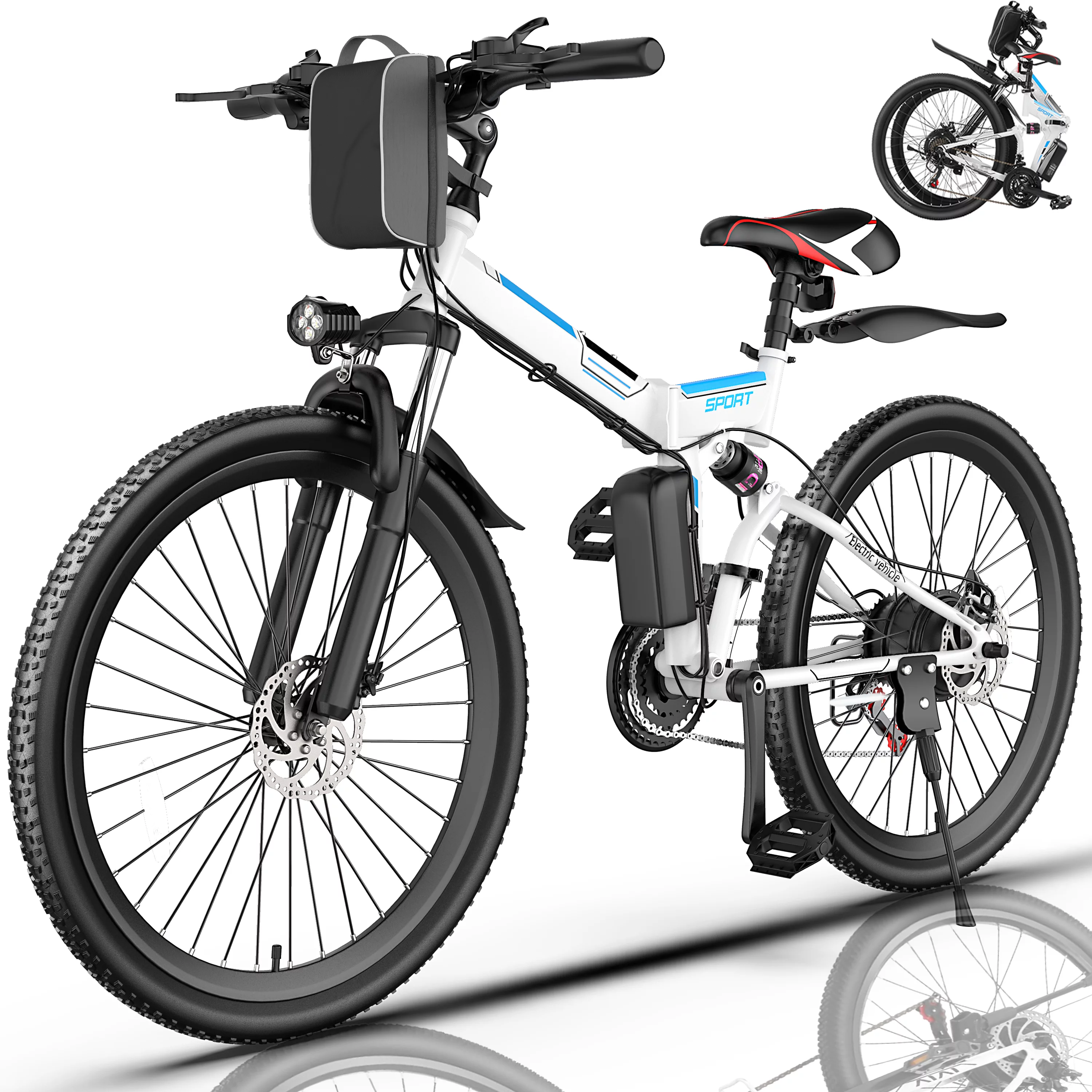 Vivi 26 In. Electric Bike for Adults, 500W Folding Electric Mountain Bicycle Max 50Miles, Full Suspension, 48V Foldable E-Bike with Removable 374.4Wh Lithium-Ion Battery Electric City Bike