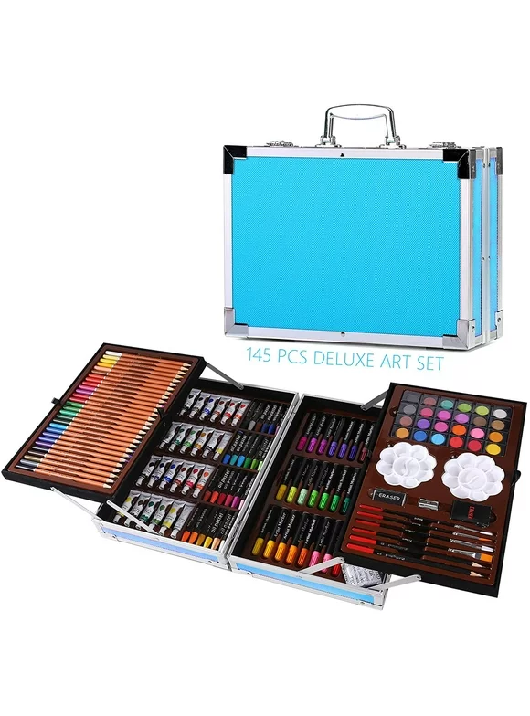 H & B Deluxe Art Set 145-Piece 2 Layers, Child Art Supplies for Drawing, Painting, Portable Aluminum Case Art Kit for Kids, Teens, Adults Great Gift for Beginner and Serious Artists