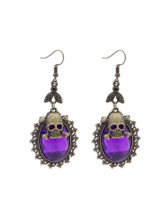 HEMOTON Halloween Gothic Skull Crystal Earrings Vintage Steampunk Punk Party Eardrop (Purple)