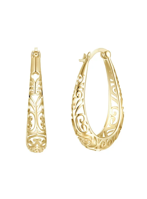 HEMOTON Sterling Earrings High Polished Filigree Heart Oval Pierced Hoop Earbob (Champaign Gold)