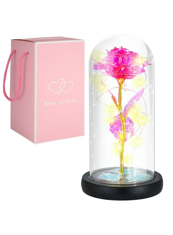 Hengguang Galaxy Rose Birthday Gifts for Women, Glass Flower Rose with Led Light String, Unique Gifts for Mothers Day, Christmas, Valentine Day, Anniversary(Fuchsia)