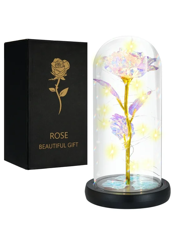 Hengguang Galaxy Rose Birthday Gifts for Women, Glass Flower Rose with Led Light String, Unique Gifts for Mothers Day, Christmas, Valentine Day, Anniversary(White)