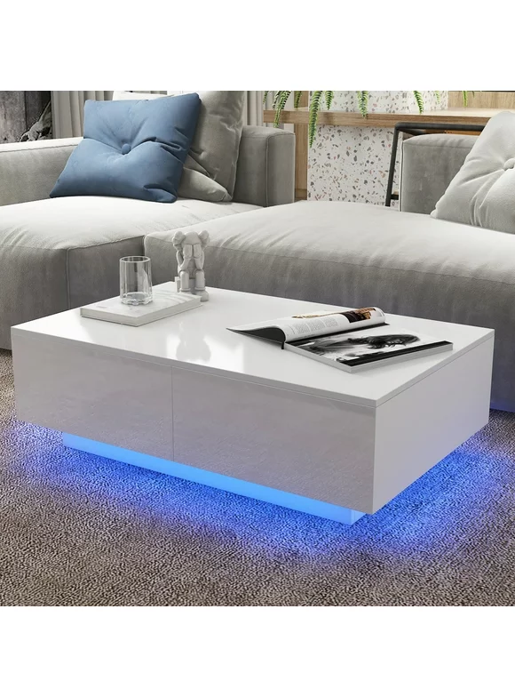Hommpa Modern Coffee Table with 4 Drawers LED Center Cocktail Table White High Gloss Finish