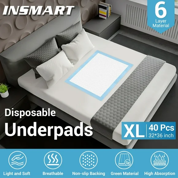 INSMART Disposable Underpads 32'' X 36'' , 40 Count Disposable Incontinence Bed Pads-Bed Pads for Incontinence Disposable-Waterproof Bed Pads-Incontinence Bed Pads