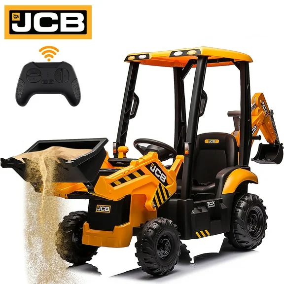 JCB 12V Ride on Excavator with Front&Back Loader 4in1 Kids Ride on Car with Remote Control Electric Construction for 3-6 Years Old Boys and Girls, 3 Speeds, Yellow