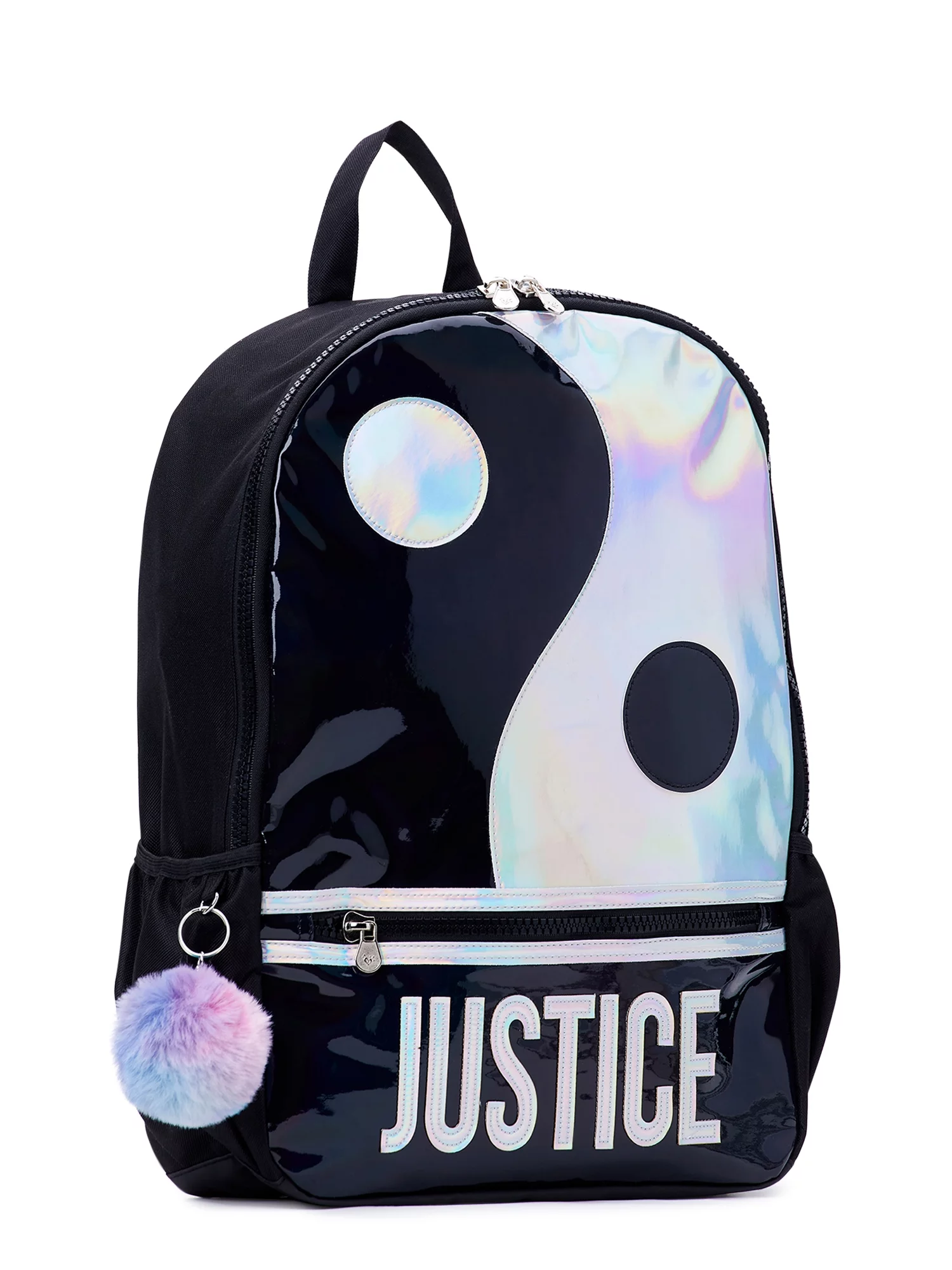 Justice Girls 17" Laptop Backpack with Pom Key Chain, Black Yin Yang