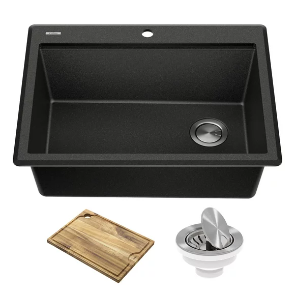 KRAUS Bellucci 28 Granite Composite WorkstationDrop-In Top MountSingle Bowl Kitchen Sink in Metallic Black with Accessories