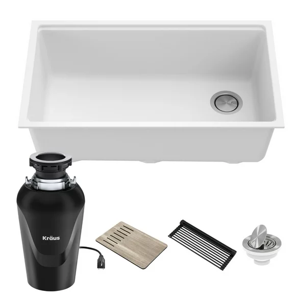Kraus Bellucci Workstation 33 in. Undermount Granite Composite Single Bowl Kitchen Sink in White with Accessories with Waste Guard Continuous Feed Garbage Disposal