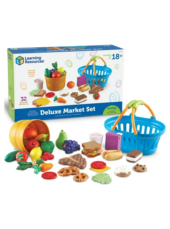 Learning Resources New Sprouts Deluxe Market Set - 32 Pieces, Boys and Girls Ages 18mos+, Food Play Set, Pretend Play for Toddlers