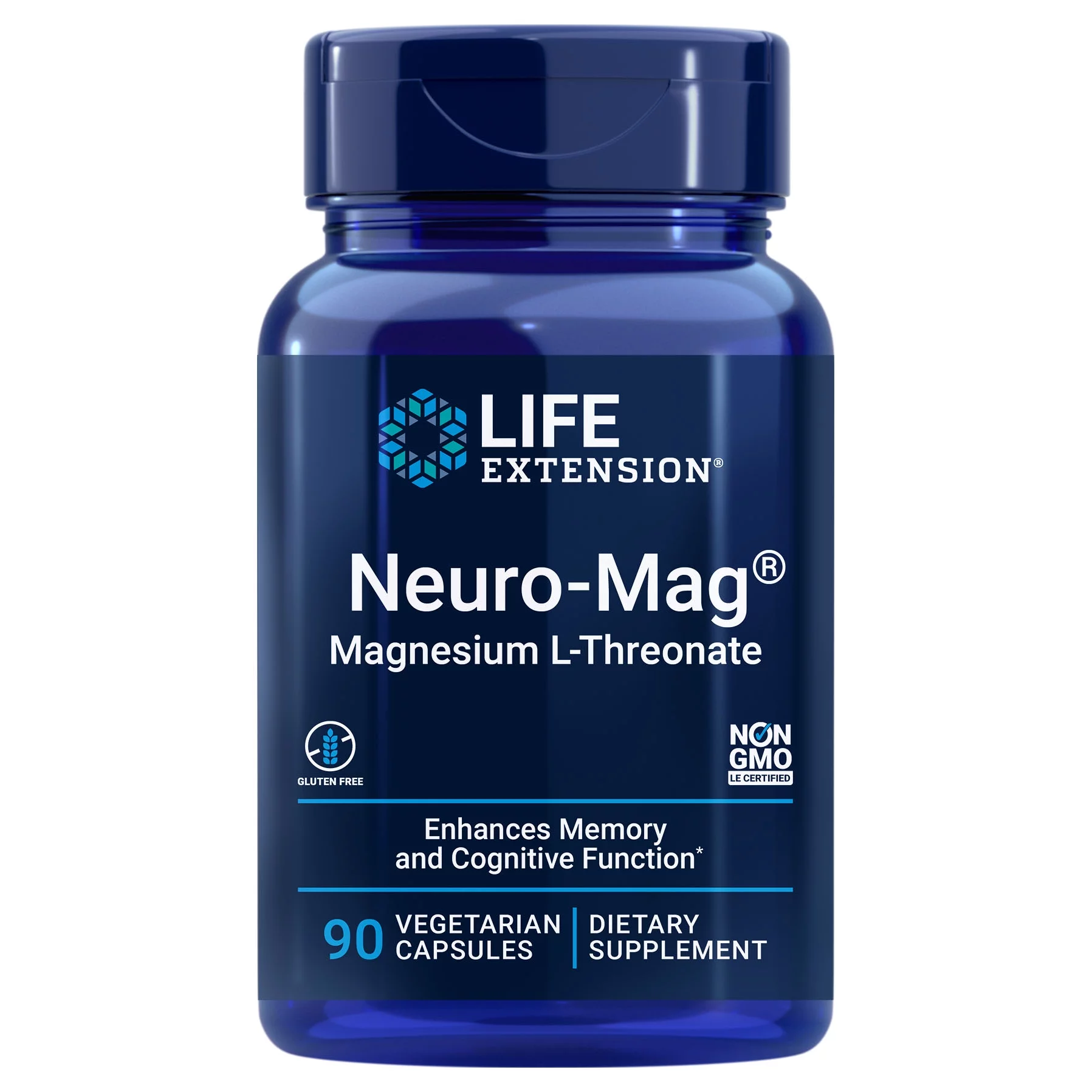 Life Extension Neuro-Mag Magnesium L-Threonate - Brain-absorbable Magnesium, Memory/Focus & Overall Cognitive Performance - Gluten-Free, Non-GMO - 90 Vegetarian Capsules