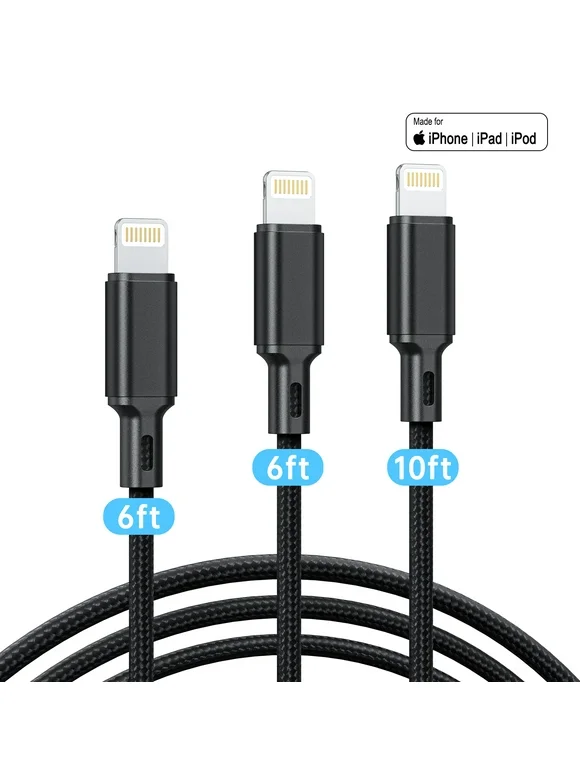 Lightning Charger Cable, 3 Pack 6/6/10FT Apple MFi Certified USB Lightning Cable Nylon Braided Fast Charging Cord Compatible for iPhone 14/13/12/11/X/Max/8/7/6/5/SE/Plus/iPad, Black