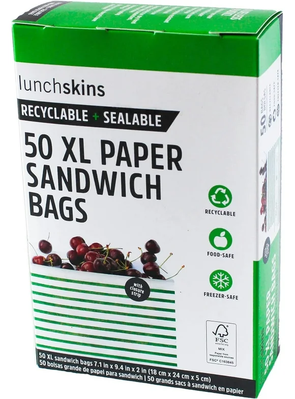 Lunchskins Recyclable & Sealable XL Food Storage Sandwich Bags Stripe, 50 count