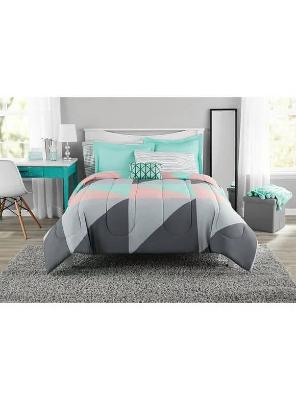 Mainstays Gray and Teal Geometric 8 Piece Bed in a Bag Comforter Set With Sheets, Queen