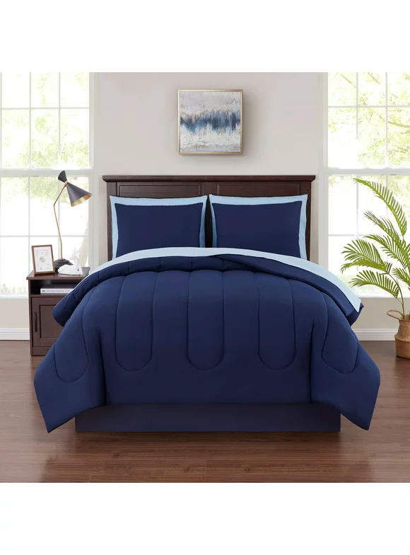 Mainstays Navy Reversible 5-Piece Bed in a Bag Comforter Set with Sheets, Twin XL