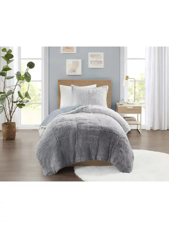 Mainstays Shaggy Faux Fur 2 Piece Grey Comforter Bed Set, Comforter and Sham, Twin/TwinXL