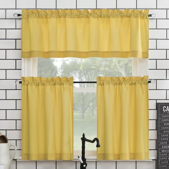 Mainstays Solid Micorofiber Semi-Sheer 3-Piece Kitchen Curtain Tier and Valance Set, 54" x 36", Yellow