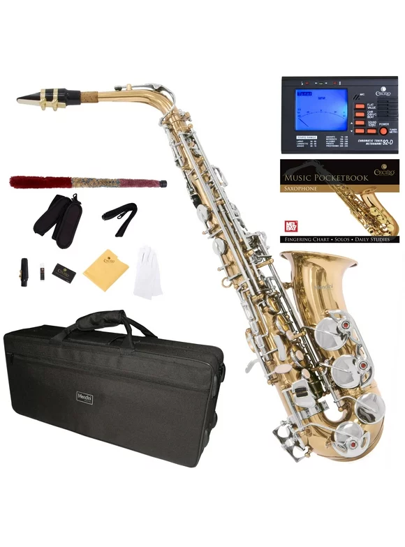 Mendini by Cecilio Eb Alto Sax With Tuner, Case, Mouthpiece, 10 Reeds, Pocketbook, MAS-LN Gold Lacquer Body with Nickel Plated Key E Flat Saxophone