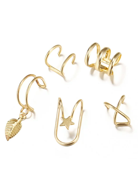 Mojoyce 5pcs Fashion Women Ear Cuff Leave Cartilage No Piercing Earrings (Gold)