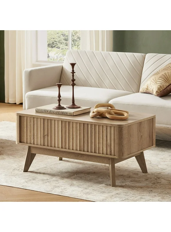 Mopio Brooklyn Mid-Century Modern Lift Top Coffee Table with Storage for Living Room, Waveform Panel (Oak)