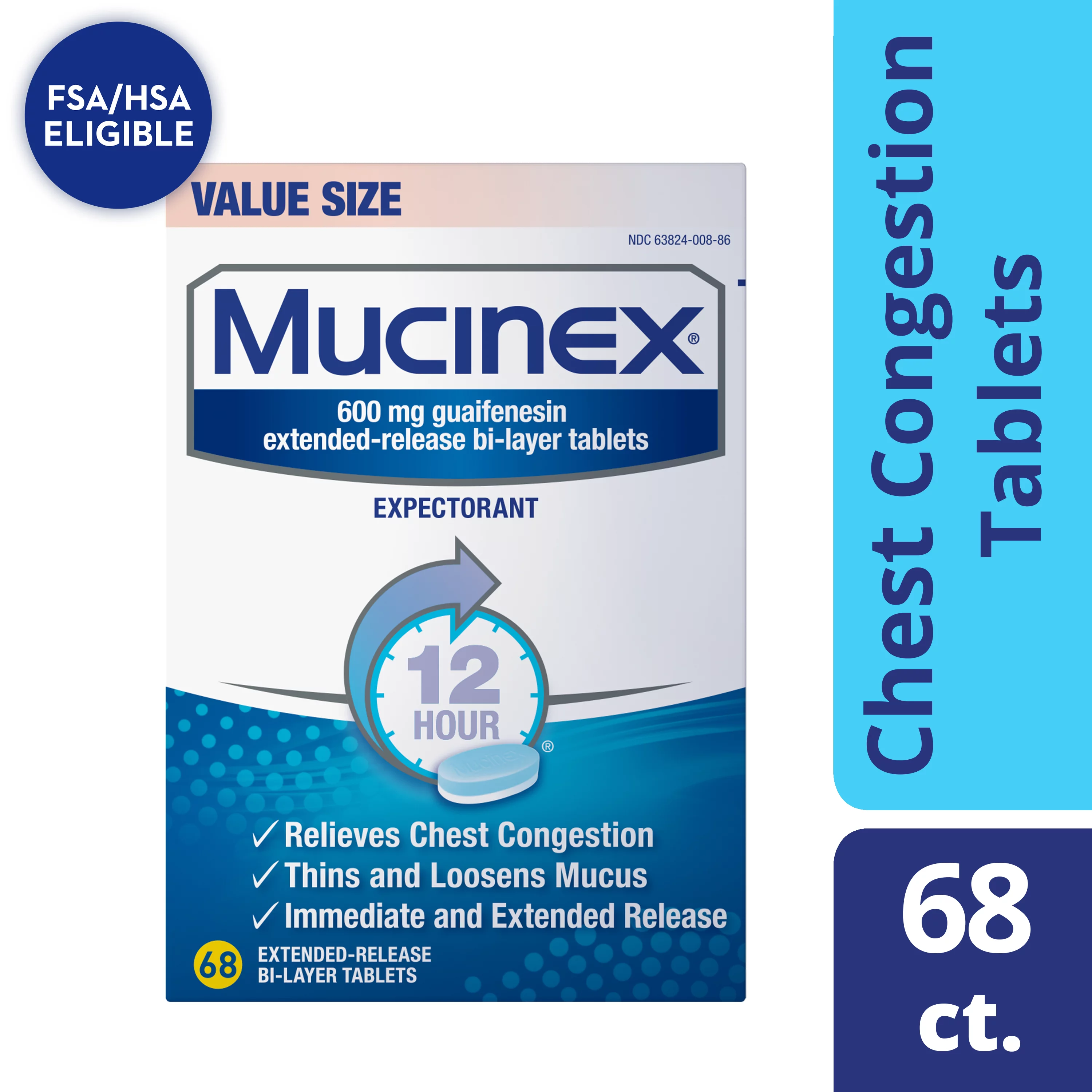 Mucinex 12 Hr Chest Congestion Expectorant, Tablets, 68ct