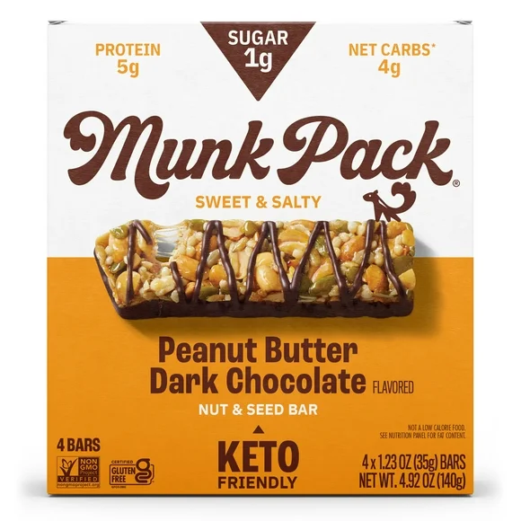 Munk Pack 1g Sugar Nut and Seed Bars, Peanut Butter Dark Chocolate, Shelf-Stable Box, 4 Count