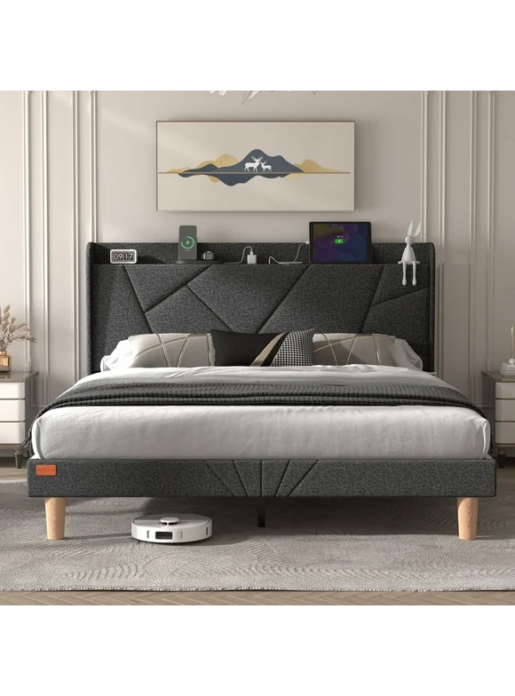 NISIEN Queen Bed Frame with Charging Station, Upholstered Platform Bed Frame with Wingback Storage Headboard, No Box Spring Needed, Dark Grey