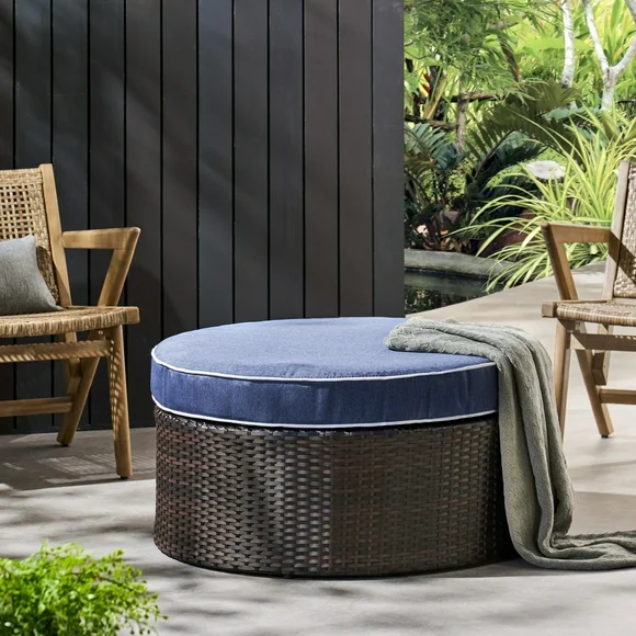 Navagio Wicker Outdoor Ottoman with Cushion, Brown and Navy Blue