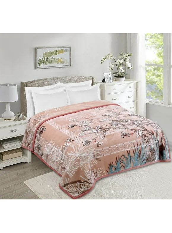Nestl 12 Lbs Plush Fleece Blanket, 2 Ply Thick Heavy Reversible Raschel Korean Style Warm Bed Blanket, King, Peach Floral