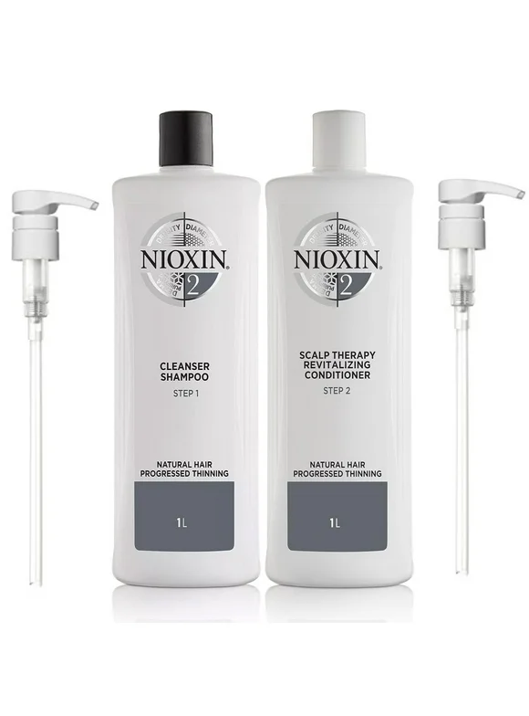 Nioxin System 2 Cleanser Shampoo & Scalp Therapy Conditioner Set for Natural Hair, 33.8 oz Each with Pumps