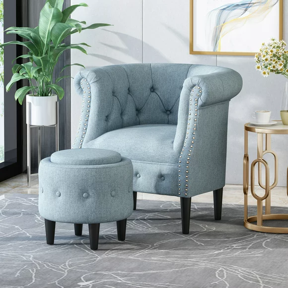 Noble House Beihoffer Chair & Ottoman Sets, Light Blue