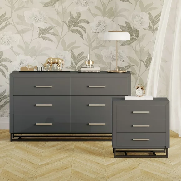 Noble House Cayuga Faux Wood 2 Piece Double Dresser and Nightstand Bedroom Set, Charcoal Gray and Black