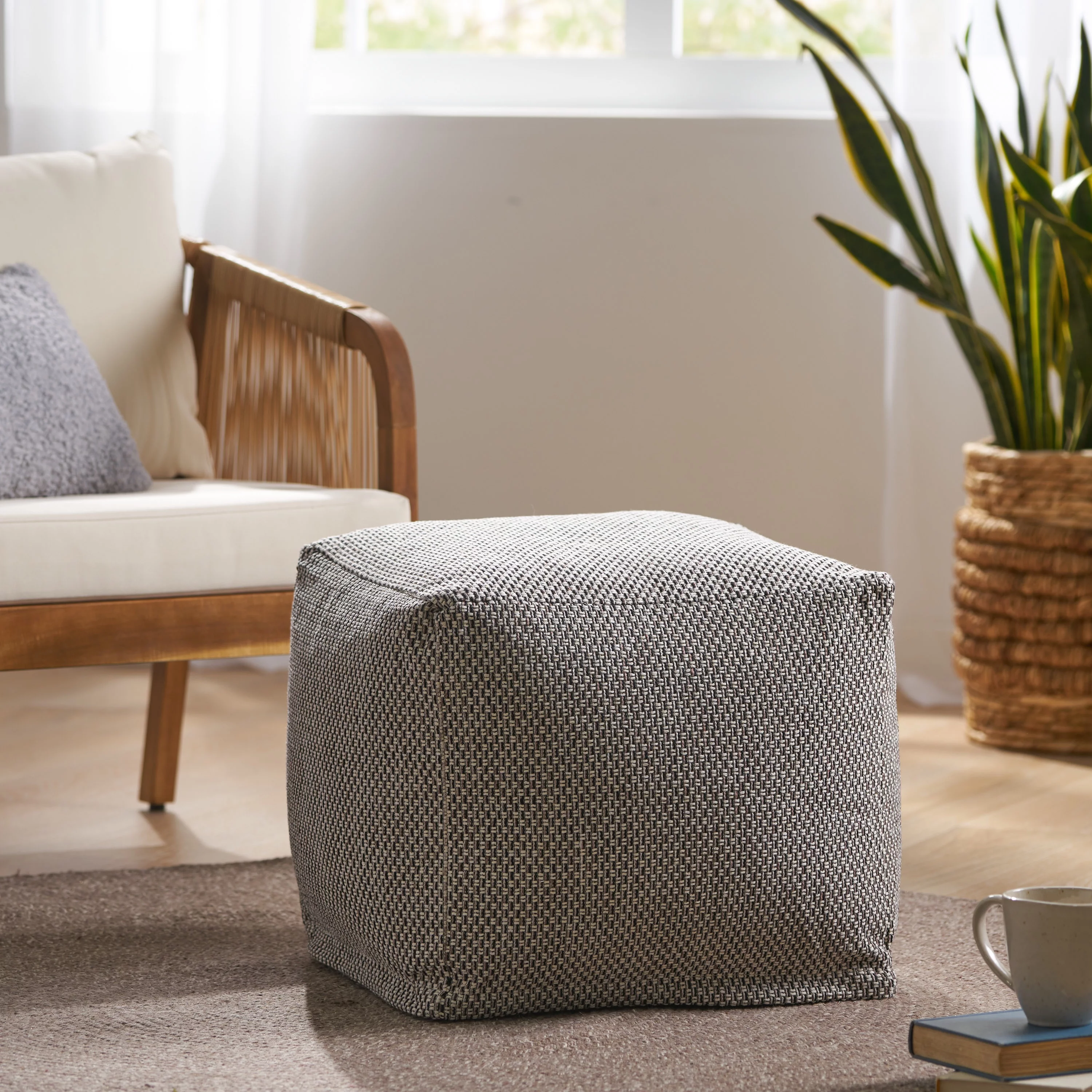 Noble House Grimsley Fabric Cube Pouf, Beige and Brown