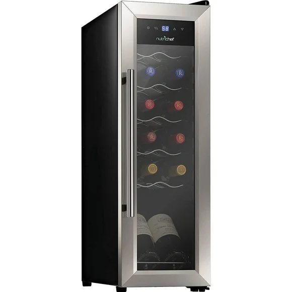NutriChef PKCWC12 12 Bottle Cooler Refrigerator White and Red Countertop Chiller W/ Digital Control