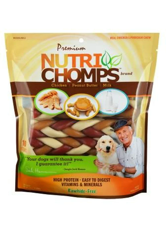 NutriChomps Dog Chews, 6-inch Braids, Easy to Digest, Rawhide-Free Dog Treats, Healthy, 10 Count, Real Chicken, Peanut Butter and Milk flavors