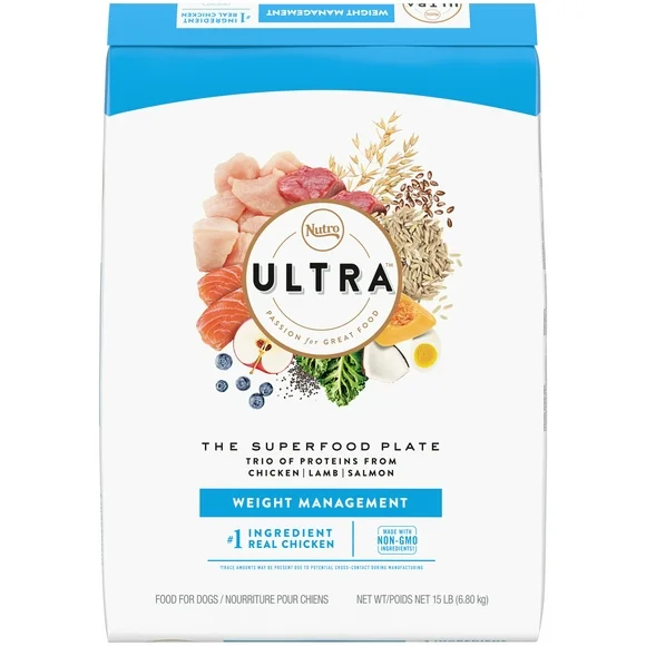 Nutro Ultra Adult Weight Management High Protein Natural Dry Dog Food For Weight Control With A Trio Of Proteins From Chicken, Lamb And Salmon, 15 Lb. Bag
