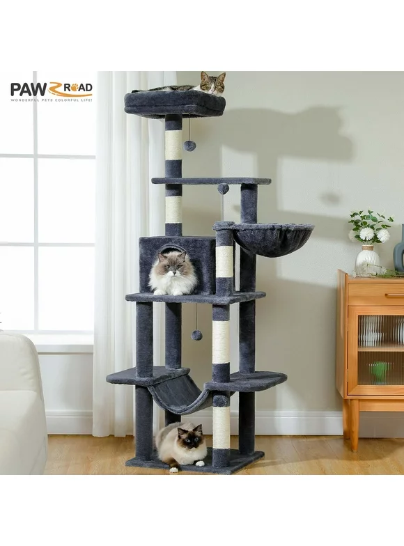 PAWZ Road 64" Cat Tree Condo 5-Tier Sisal Scratching Post Tower with Large Hammock Perch for Indoor Cats,Dark Gray