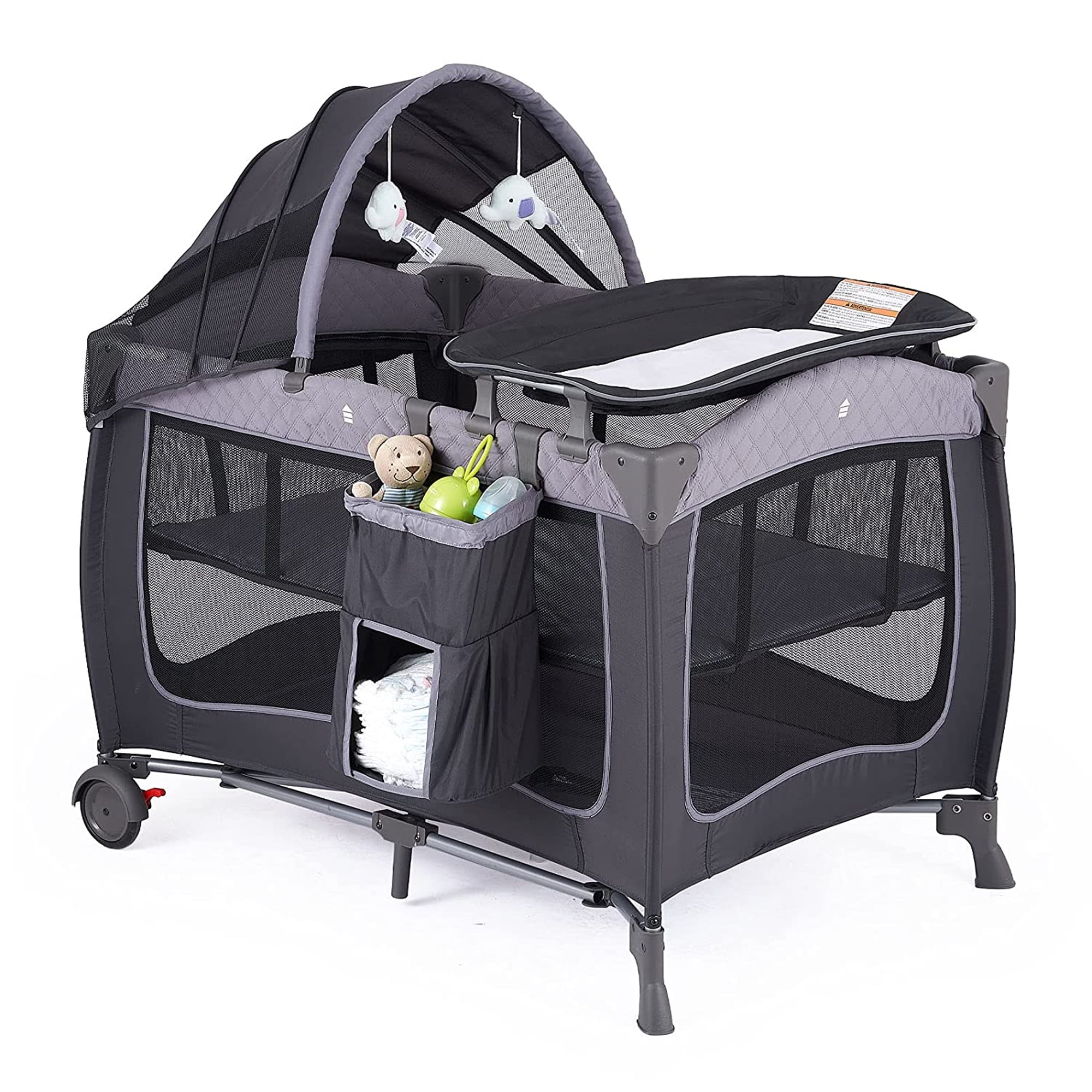 Pamo Babe Unisex Portable Baby Nursery Center Play Yard Include Wheels, Canopy, Changing Table for Newborn(Grey)