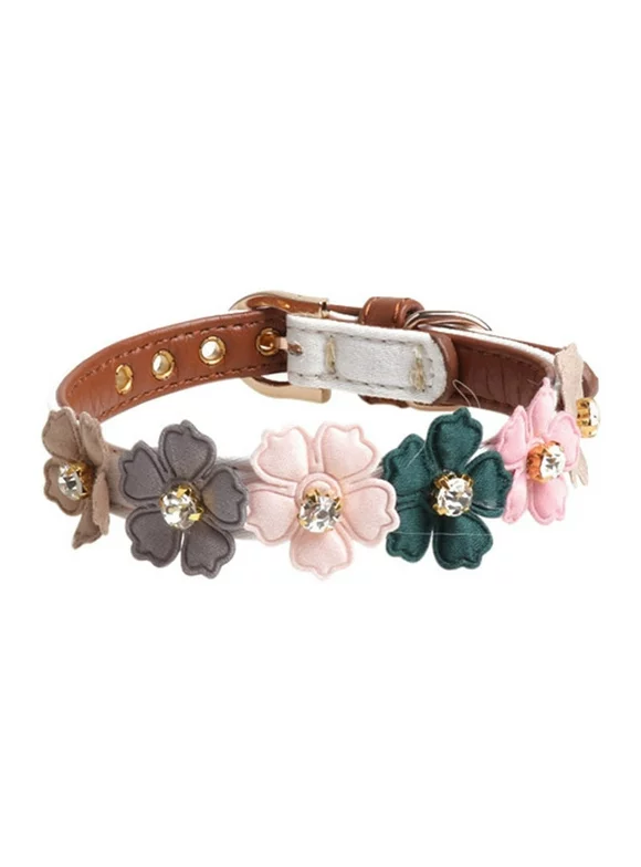 Pet Adjustable PU Collar for Small Medium Dogs Shiny Lovely Colorful Flowers with Shiny Diamonds