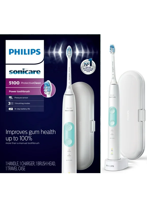 Philips Sonicare ProtectiveClean 5100 Plaque Control, Rechargeable Electric Toothbrush with Pressure Sensor, White Mint HX6857/11