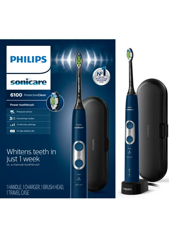 Philips Sonicare ProtectiveClean 6100 Whitening Rechargeable Electric Toothbrush with Pressure Sensor and Intensity Settings, Navy Blue HX6871/49