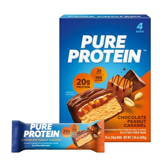 Pure Protein Bars, Chocolate Peanut Caramel, 20g Protein, Gluten Free, 1.76 oz, 4 Ct