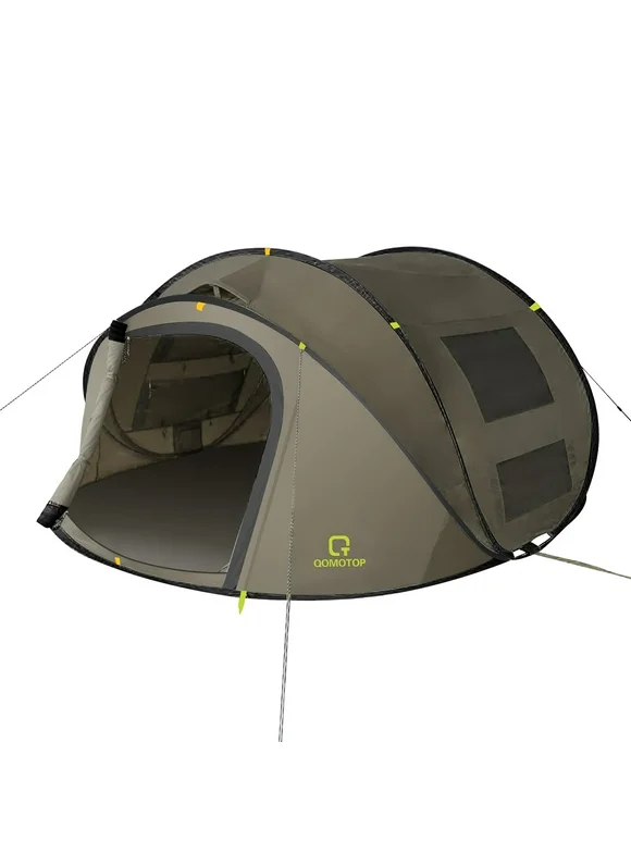 QOMOTOP Instant Tent 4-Person Camp Tent, Automatic Setup Pop Up Tent, Waterproof, Huge Side Screen Windows, Green