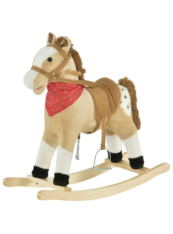 Qaba Kids Plush Ride-On Rocking Horse Toy Cowboy Rocker w/ Realistic Sound Beige
