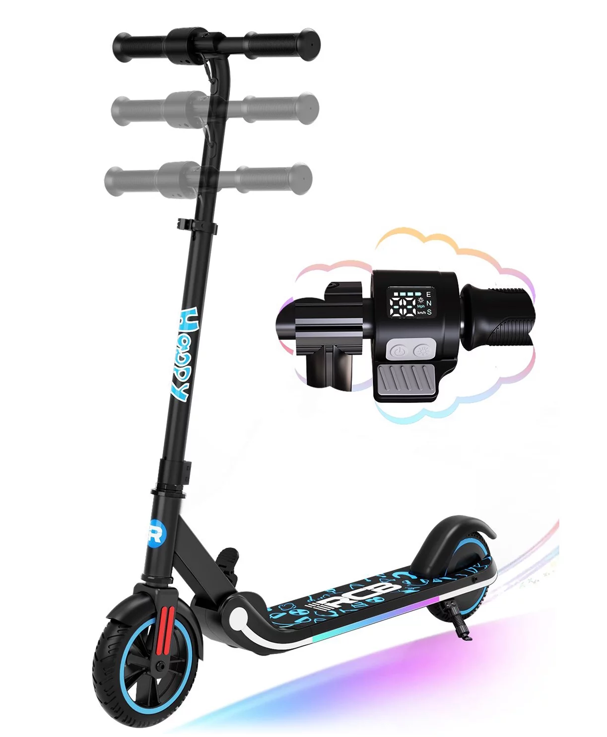 RCB Electric Scooter, for Kids Ages 6+, 3 Speeds and Height Adjustable,Vibrant Lights,Black