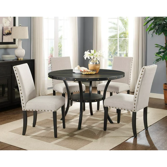 Roundhill Furniture Biony Espresso Wood Dining Table with 4 Tan Fabric Nailhead Chairs, 30.75" Table Height